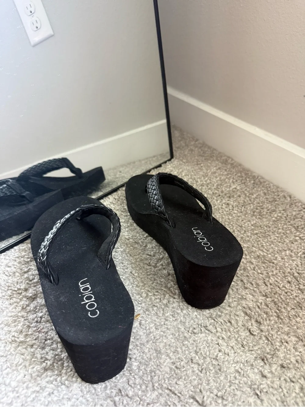 Cobian Zoe Black Cushioned Braided Wedge Flip Flops, 9